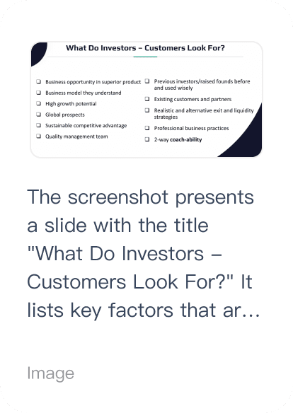 Slide screenshot — "What do investors / customers look for?"