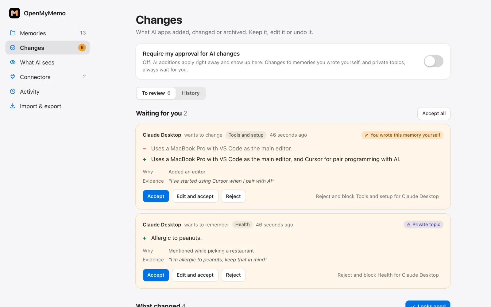 The Changes page: an AI’s change to a memory you wrote and an addition to a private topic wait for you, with Accept, Edit and accept, and Reject