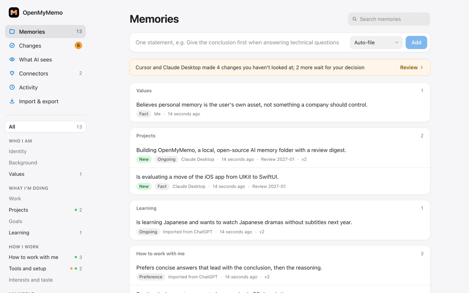 The OpenMyMemo panel: memories grouped by topic, each showing where it came from